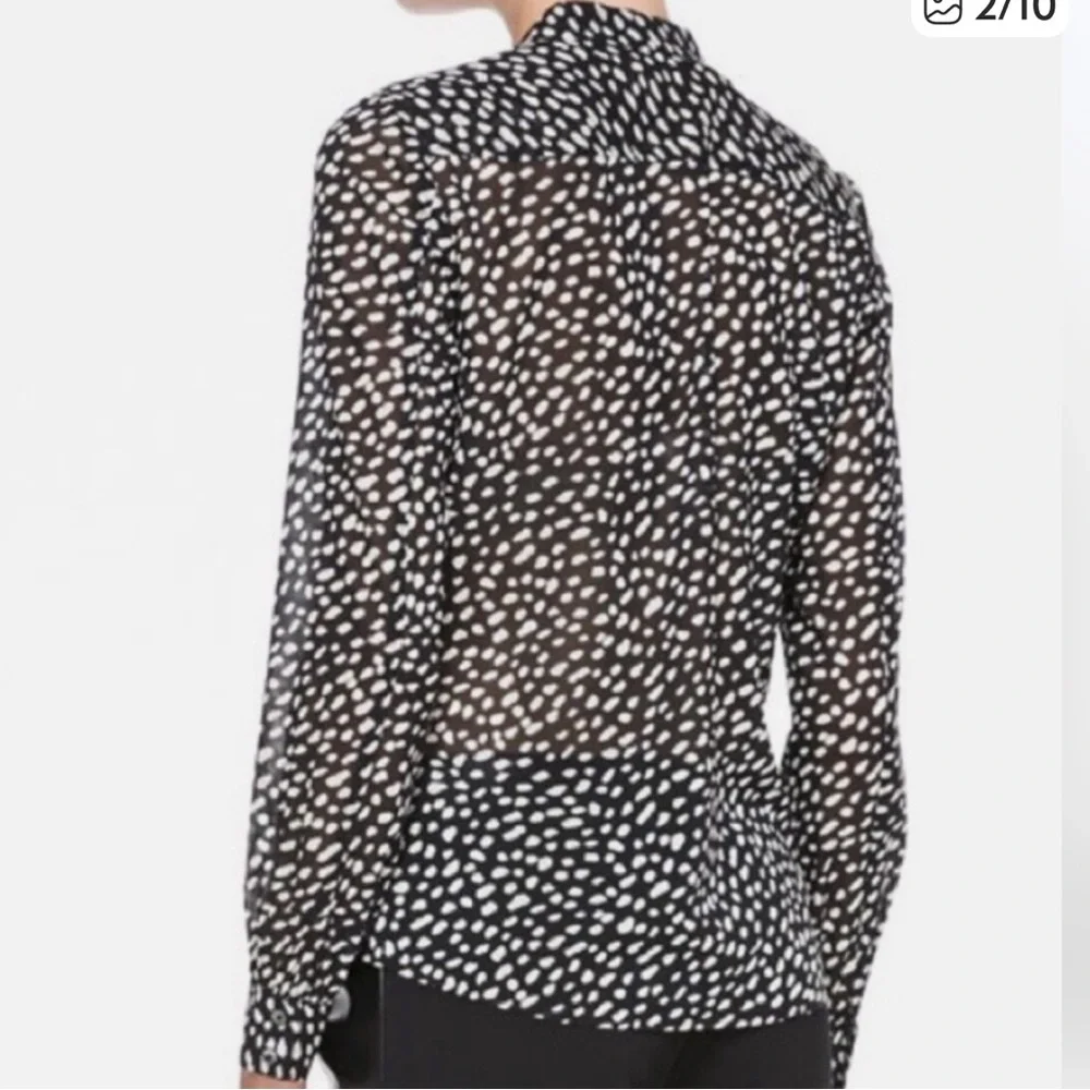 Tory Burch Black & Cream Veta Sheer Silk Blend  Blouse in Dot Print Top size 4